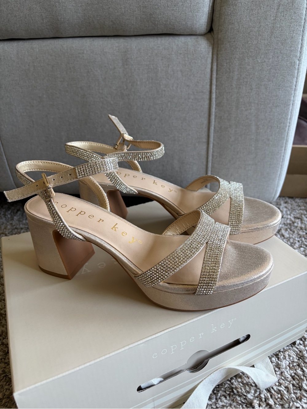 Copper Key Glitter Champagne Platform Heeled Sandals
